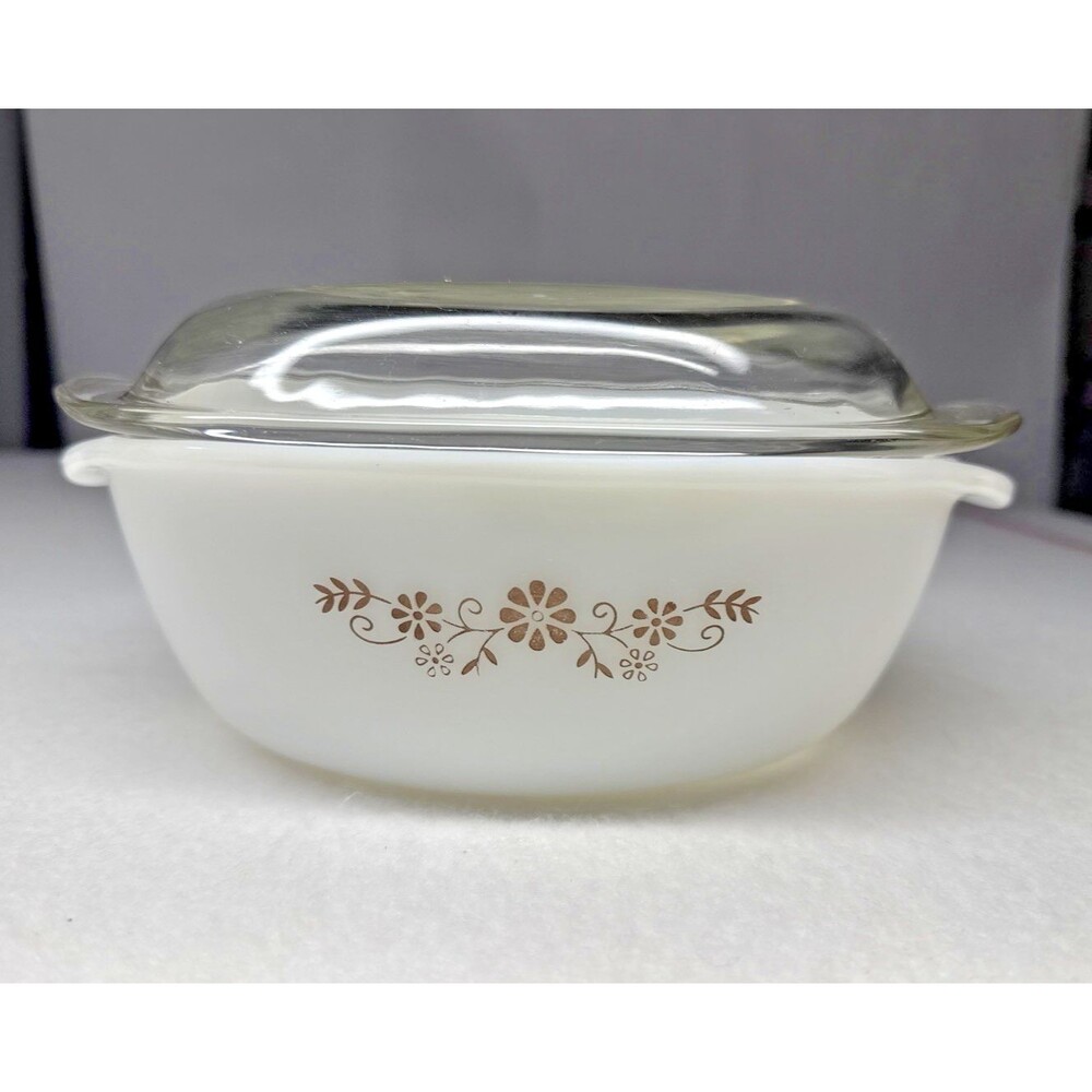 Dynaware Pyr-O-Rey Milk Glass Covered Casserole Brown Floral MCM Vintage
